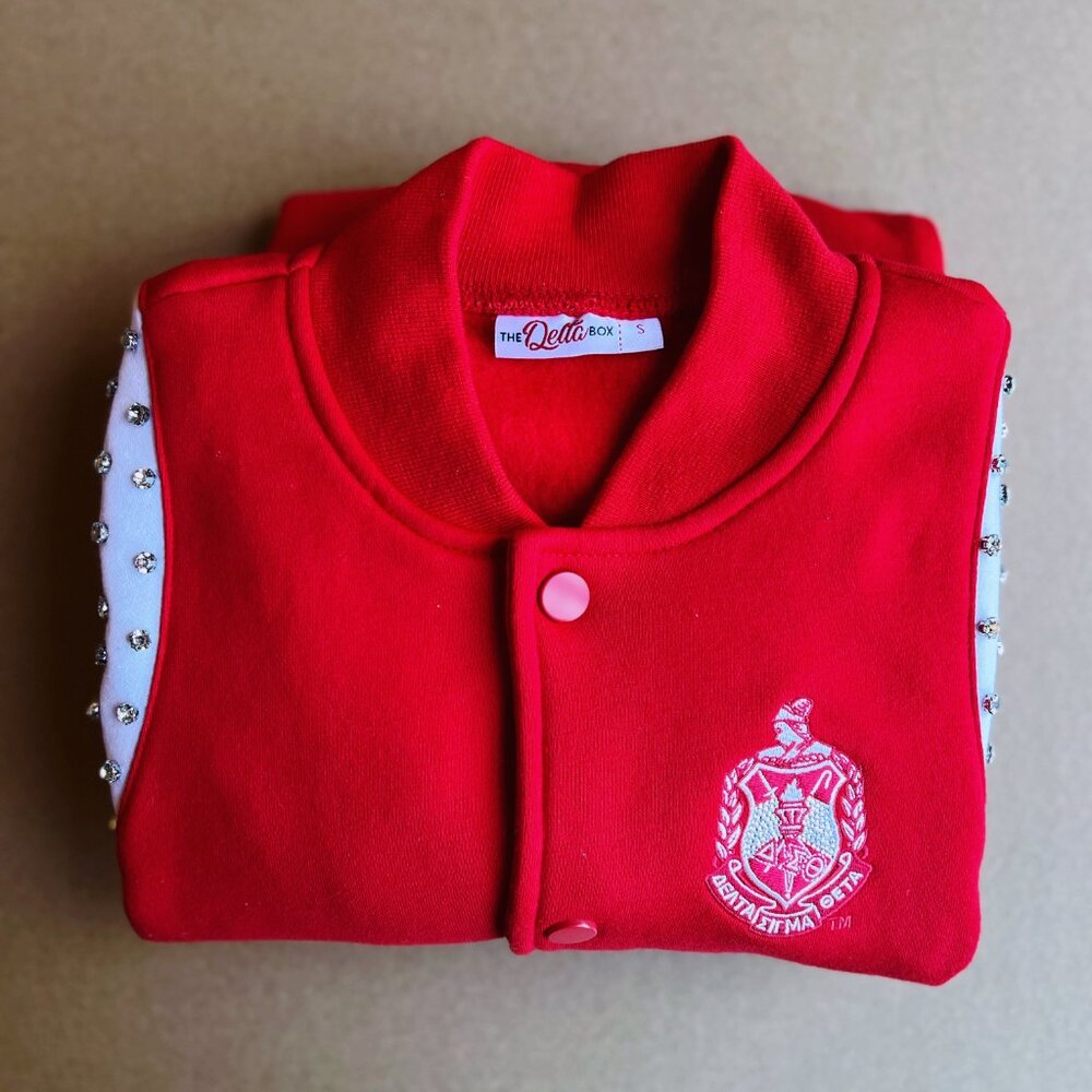 SOLD Red Embellished Varsity Jacket | Delta Sigma Theta | NWOT | Cropped Bomber - Picture 7 of 7